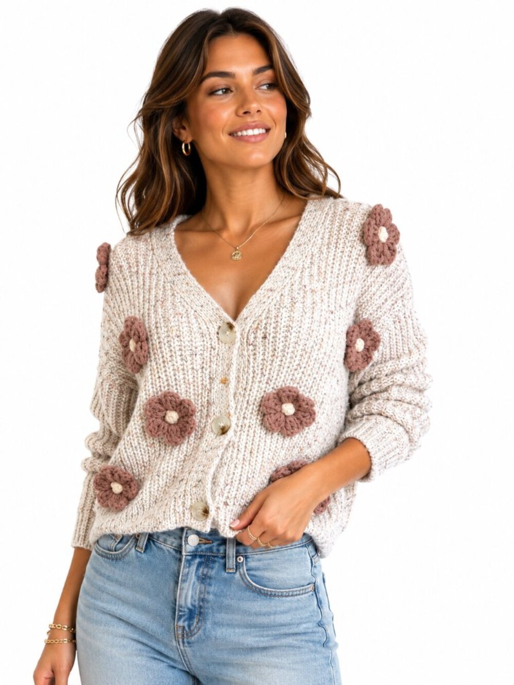 Luna Ivy Women’s Beige Floral Crochet Knit V-Neck Cardigan – Size M